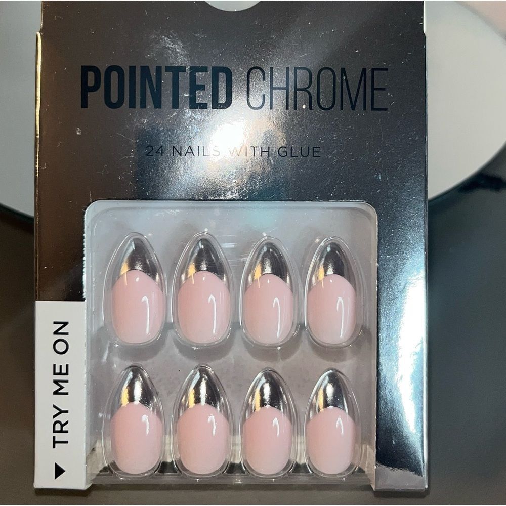24pc Pointed Chrome Press On Nails with Glue